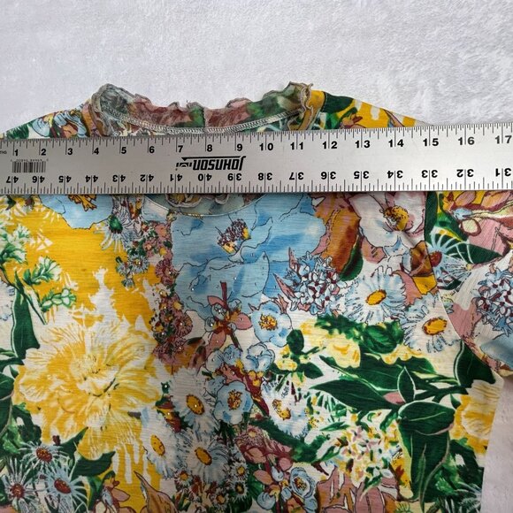 Womens Floral Print Short Sleeve Top with Ruffle Neck Size M-L Multicolor Boho - Picture 6 of 8